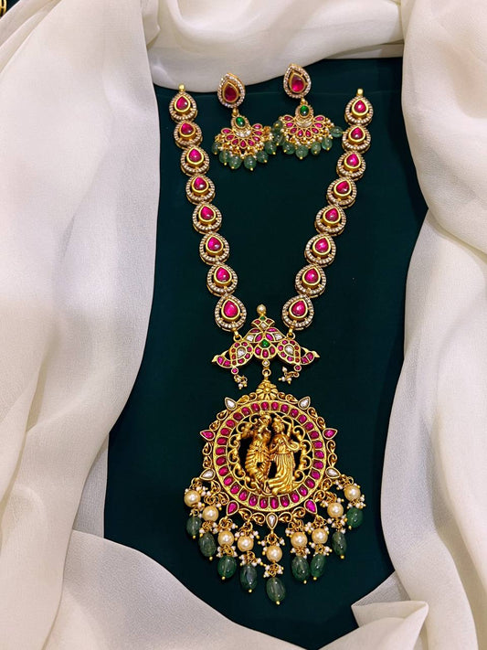 Lord Krishna with Radhi Jadau Necklace with Earrings - KN0077