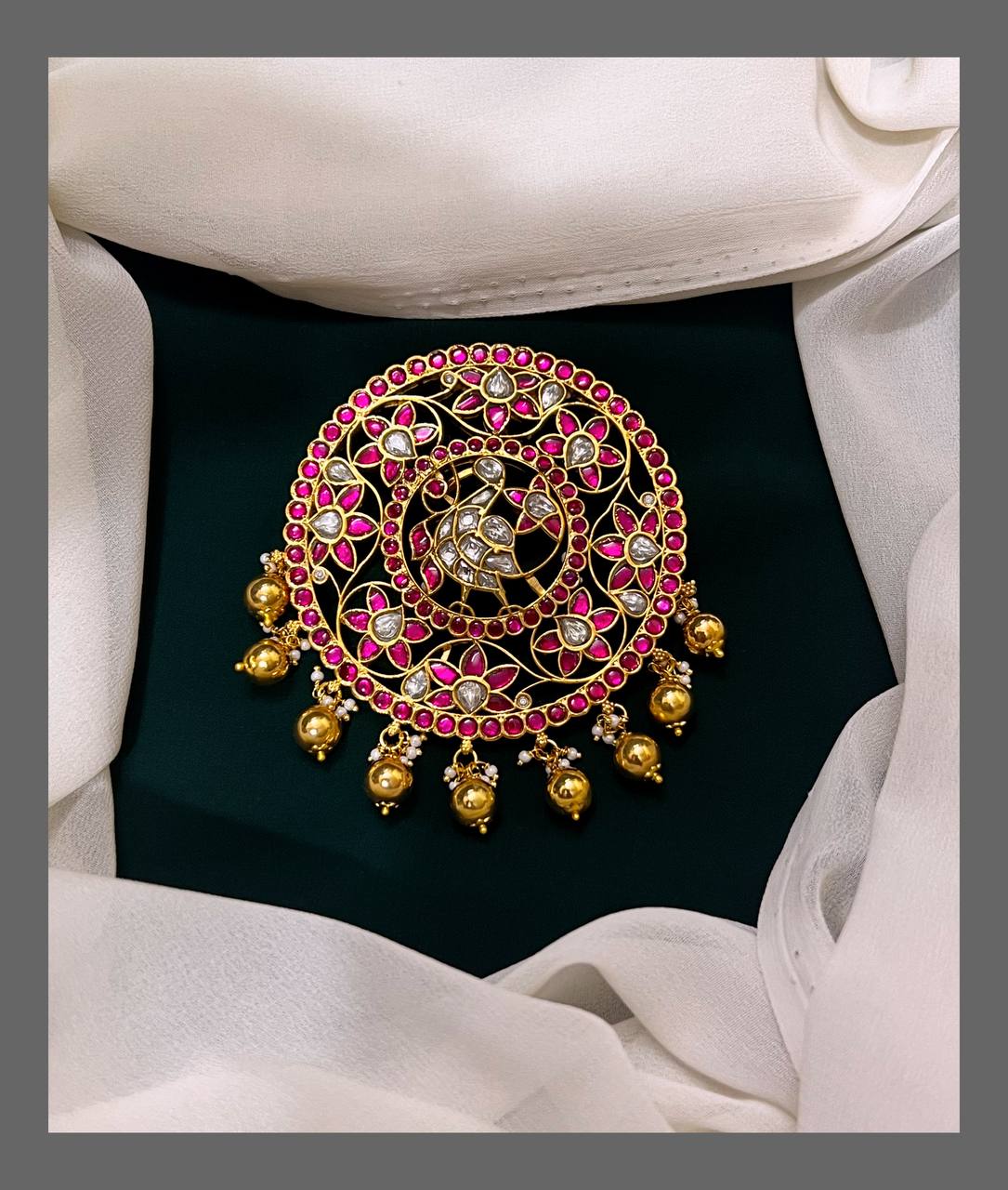 Ruby Peacock and Flower Pendent in Kundan - KP00101