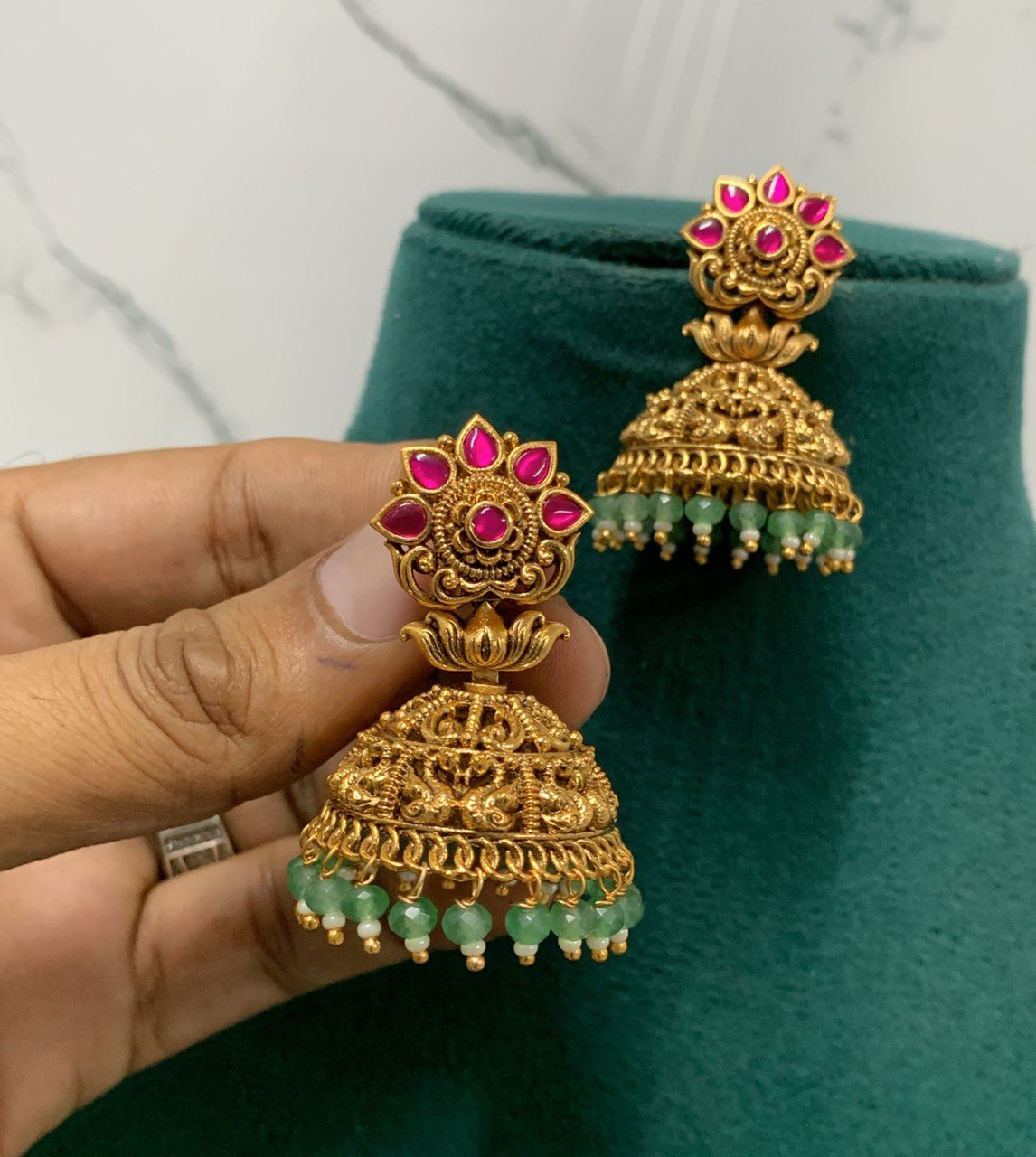 Beautiful Ruby Flower Jhumki In Nakshi - NE00358