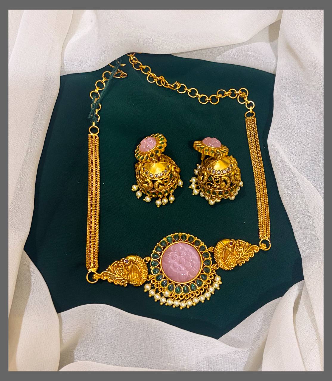 Beautiful Peacock Necklace With Pink Stone - NN00363