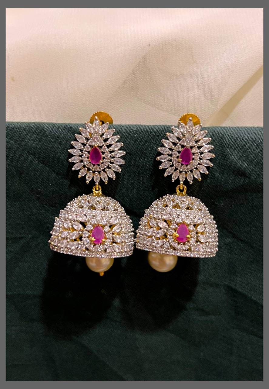 White and pink stone Jhumki earring in Diamond - DE0010