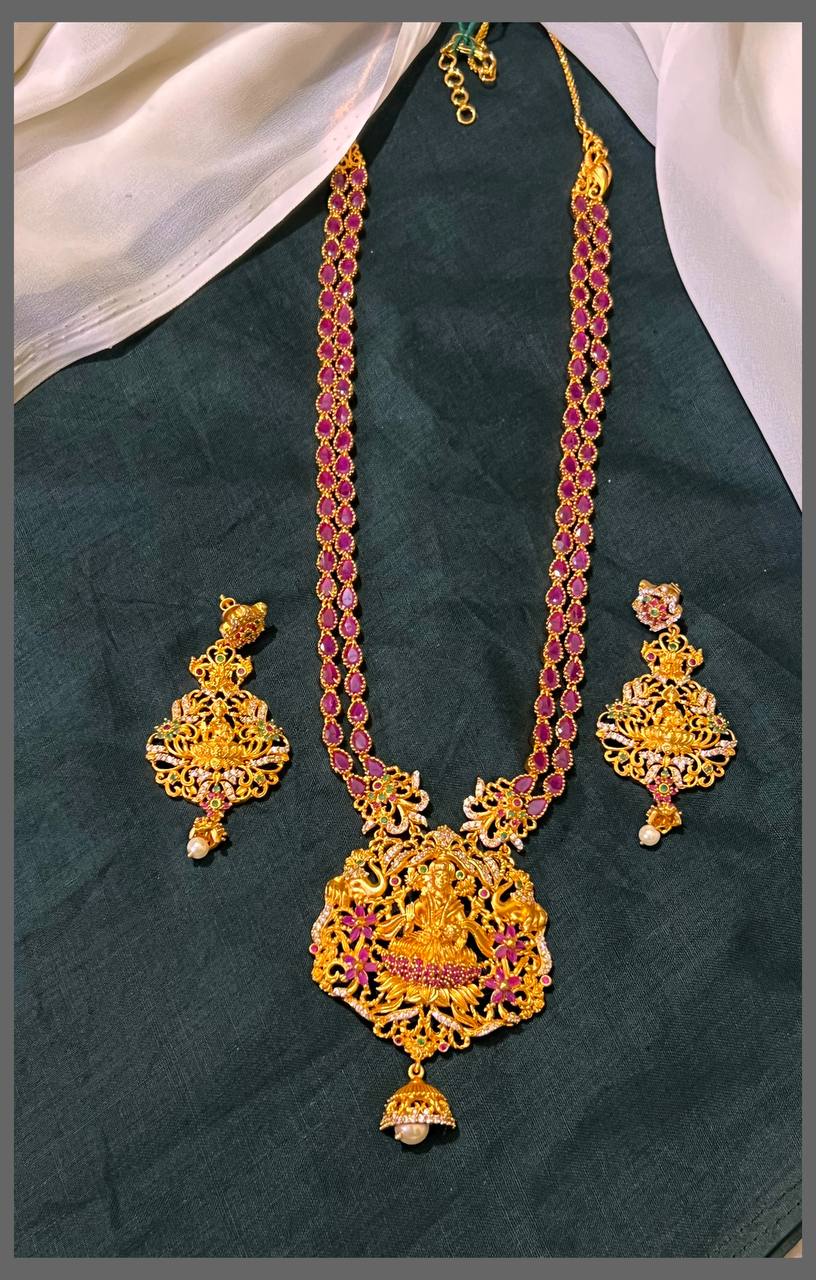 Double Layer Ruby Haram with Lakshmi Pendant in Nakshi - NH00298