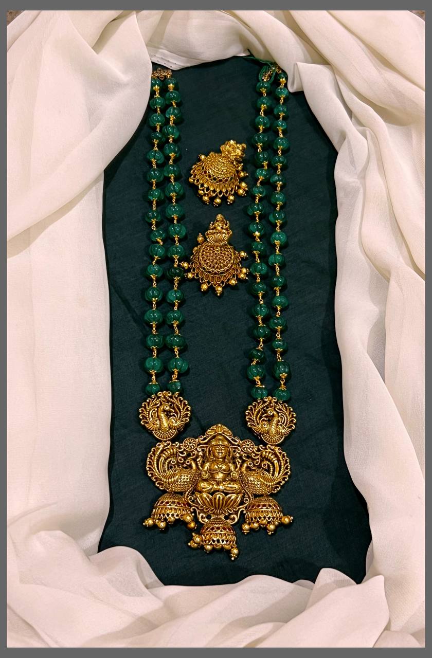 Emerald Beads Haram With Lakshmi Pendant - PB00314