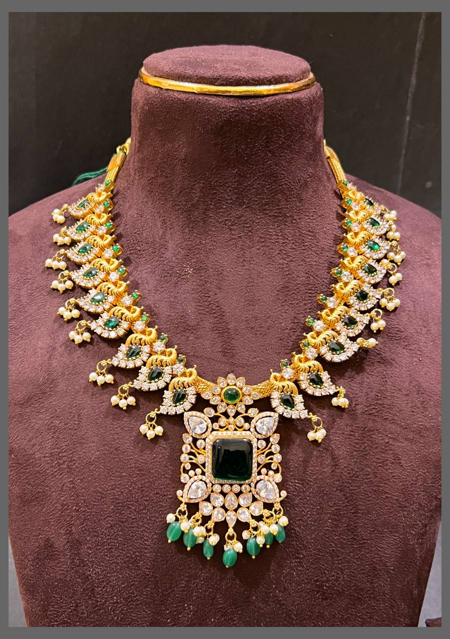 Beautiful Peacock with White and Emerald  Stone Necklace in Kundan - KN00528