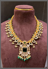Beautiful Peacock with White and Emerald  Stone Necklace in Kundan - KN00528