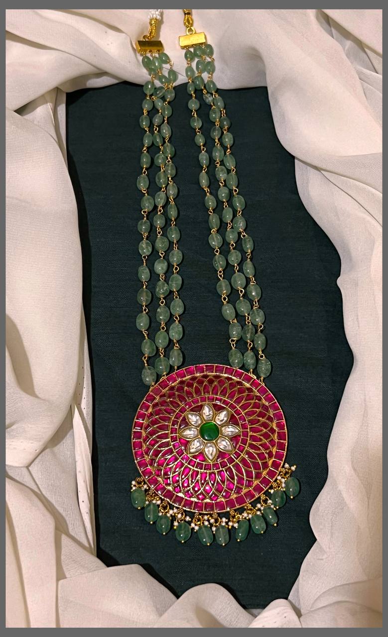 Rich Ruby Kundan Pendant with Emerald Haram - PB00413
