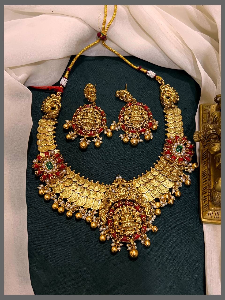 3 Layer Kassu Necklace with Lakshmi Pendant and Flower Side Pendant in Nakshi -NN00644