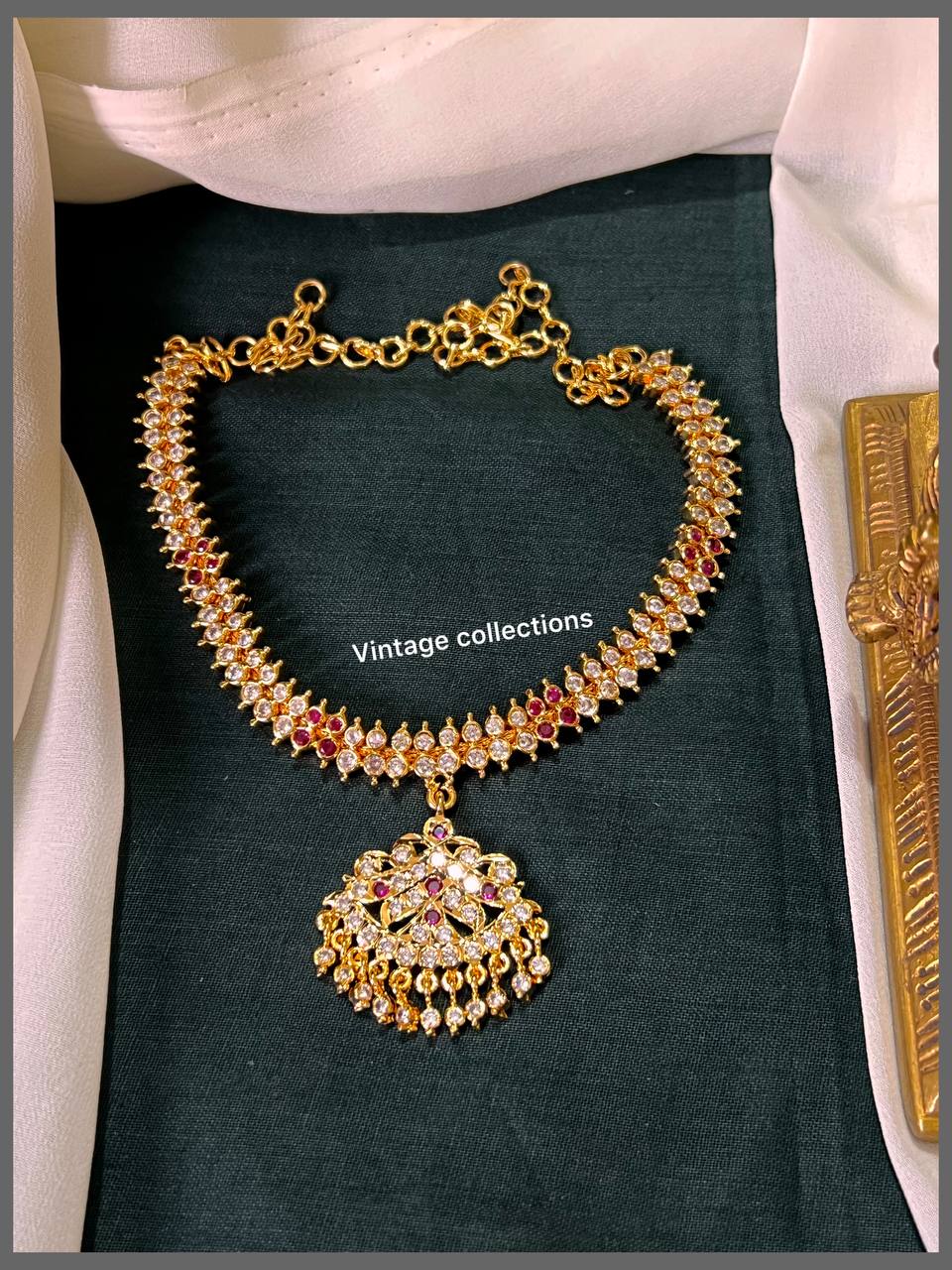 Antique White and Ruby Stone Necklace with Vintage Pendant in Nakshi - NN00657