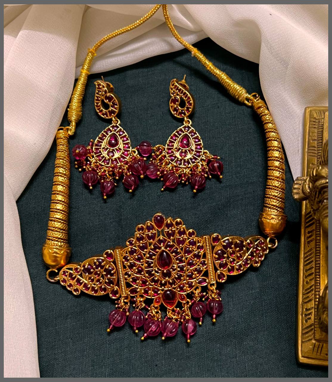 Kempu Peacock Necklace In Nakshi - NN00665