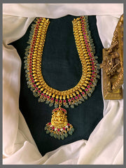 Lakshmi Pendant RubyStone and Green Pearl Haram in Kundan - KH00336