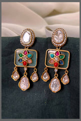 White Stone Stud with Multi colour Flower Hungging Earring in Kundan -KE00554