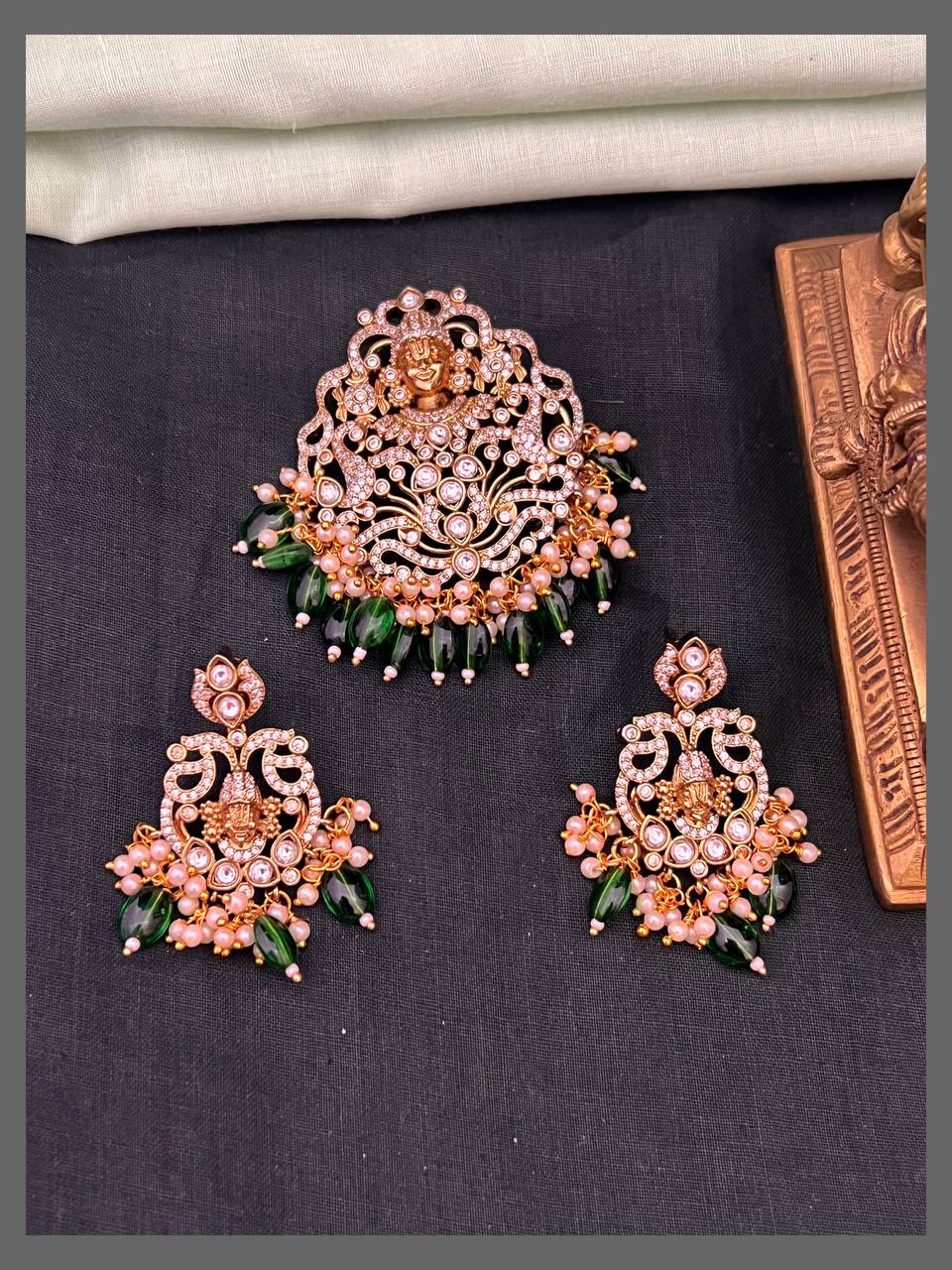 Beautiful Stone Lord Balaji Pendant With Earrings - NP0095