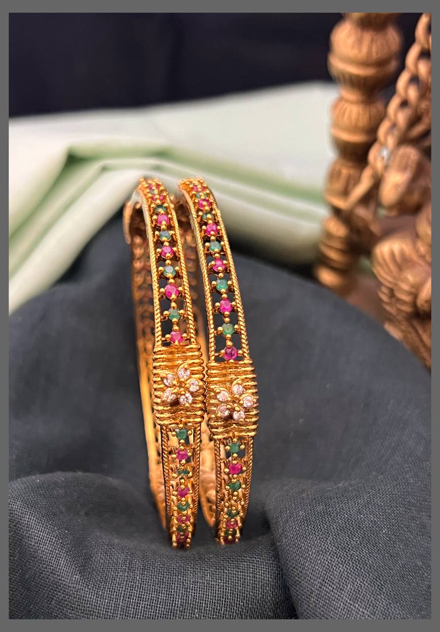 White Flower stone with Multi Stone Bangles in Nakshi - BG00594