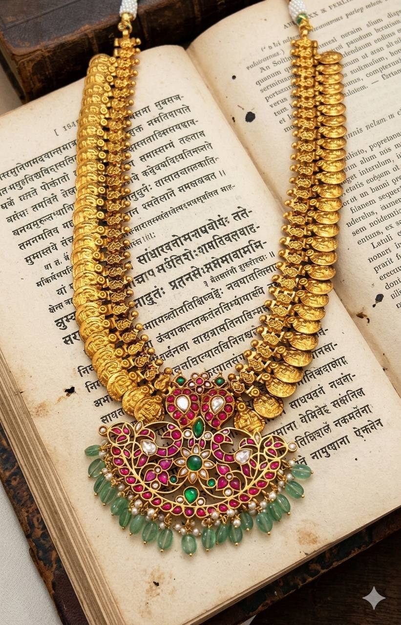 Jadau Pendant Long Kaasu with Mango pendant - KH0011
