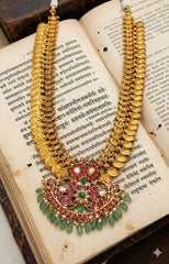 Jadau Pendant Long Kaasu with Mango pendant - KH0011