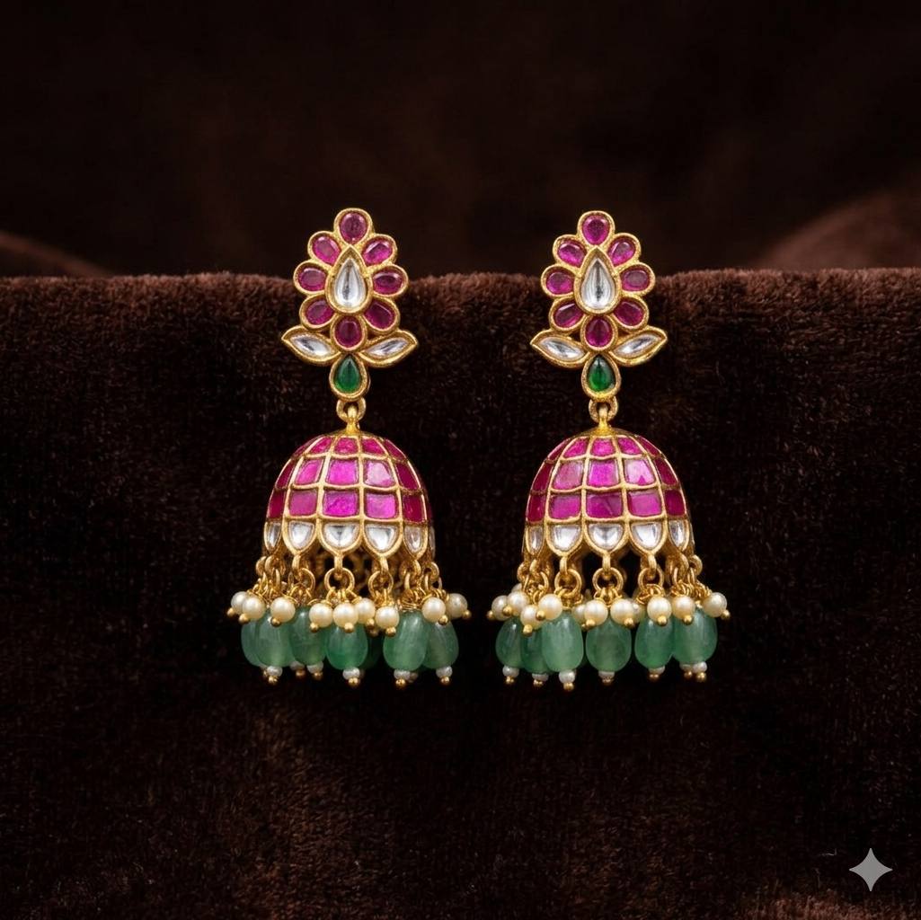 Jadau Flower Jhumki With Strawberry Beads - KE00598