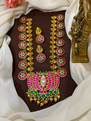 Jadau Bottu Haram With Lotus Pendant And Earrings -  KH00431