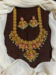 Long Nakshi Lakshmi Haram with Jadau Stone and earrings - KH00104