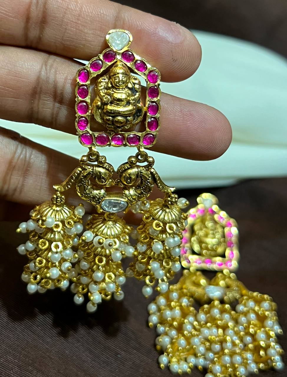 Jadau Stone Lakshmi 3 jhumki traditional earrings - KE002