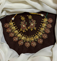 Kempu Stone Bottu Necklace With Peacock - NN0043