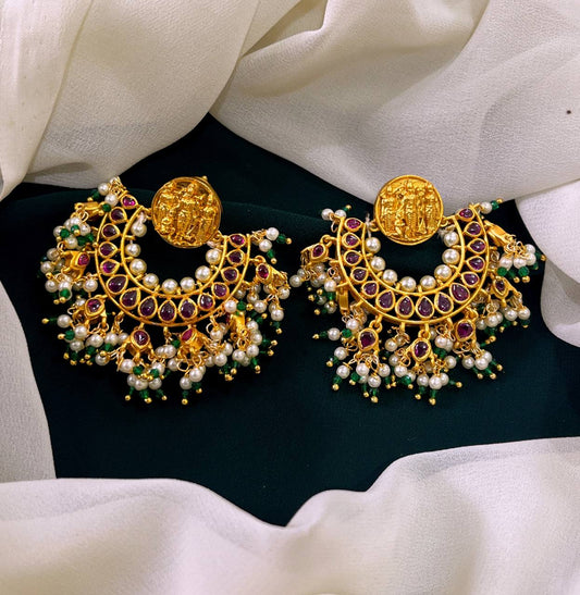 Chand Bali in White and Emerald Pearl  Kundan Earrings - NE0087