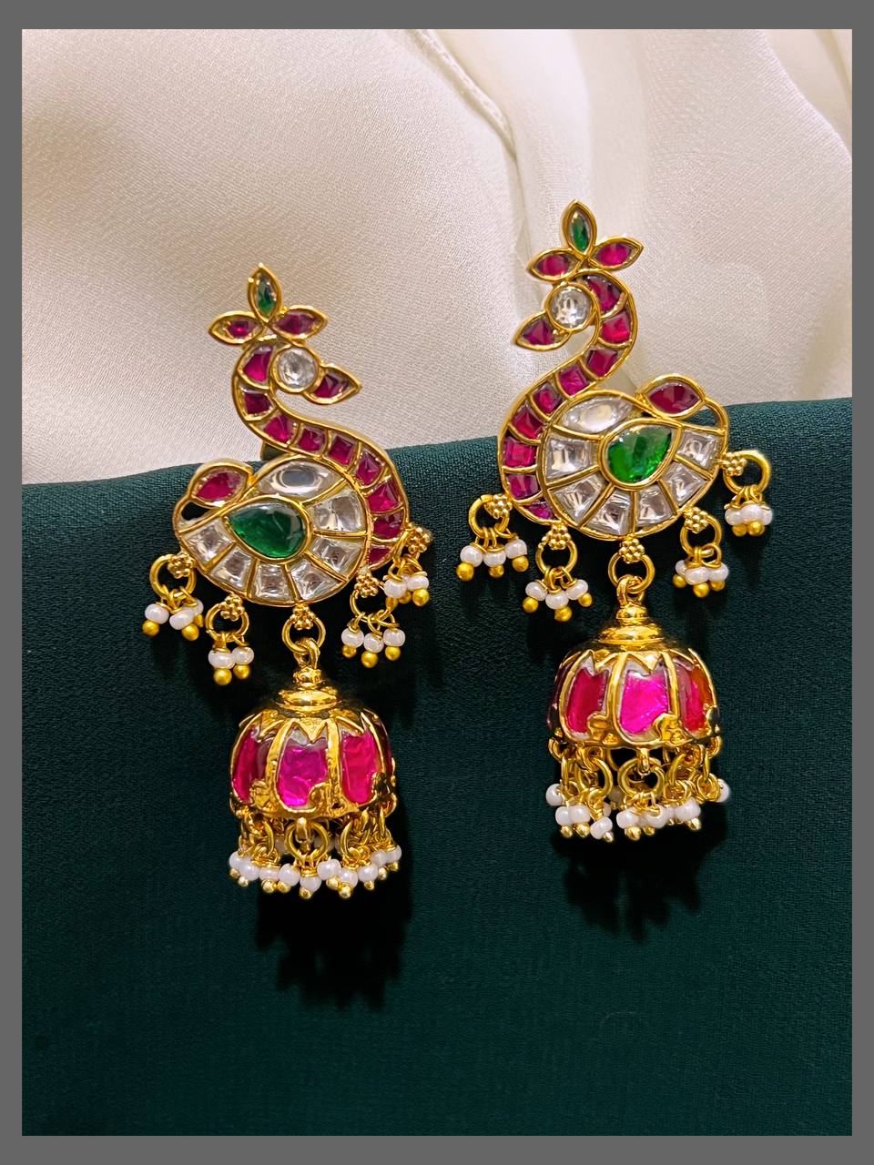 Jadau Peacock Jhumkis With Screw Back - KE00342