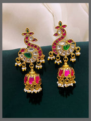 Jadau Peacock Jhumkis With Screw Back - KE00342