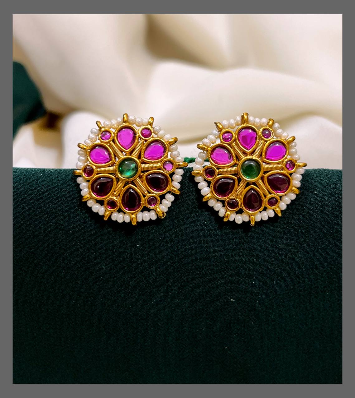 Multi Color With White Peal Stud Earring In Nakshi - NE00339