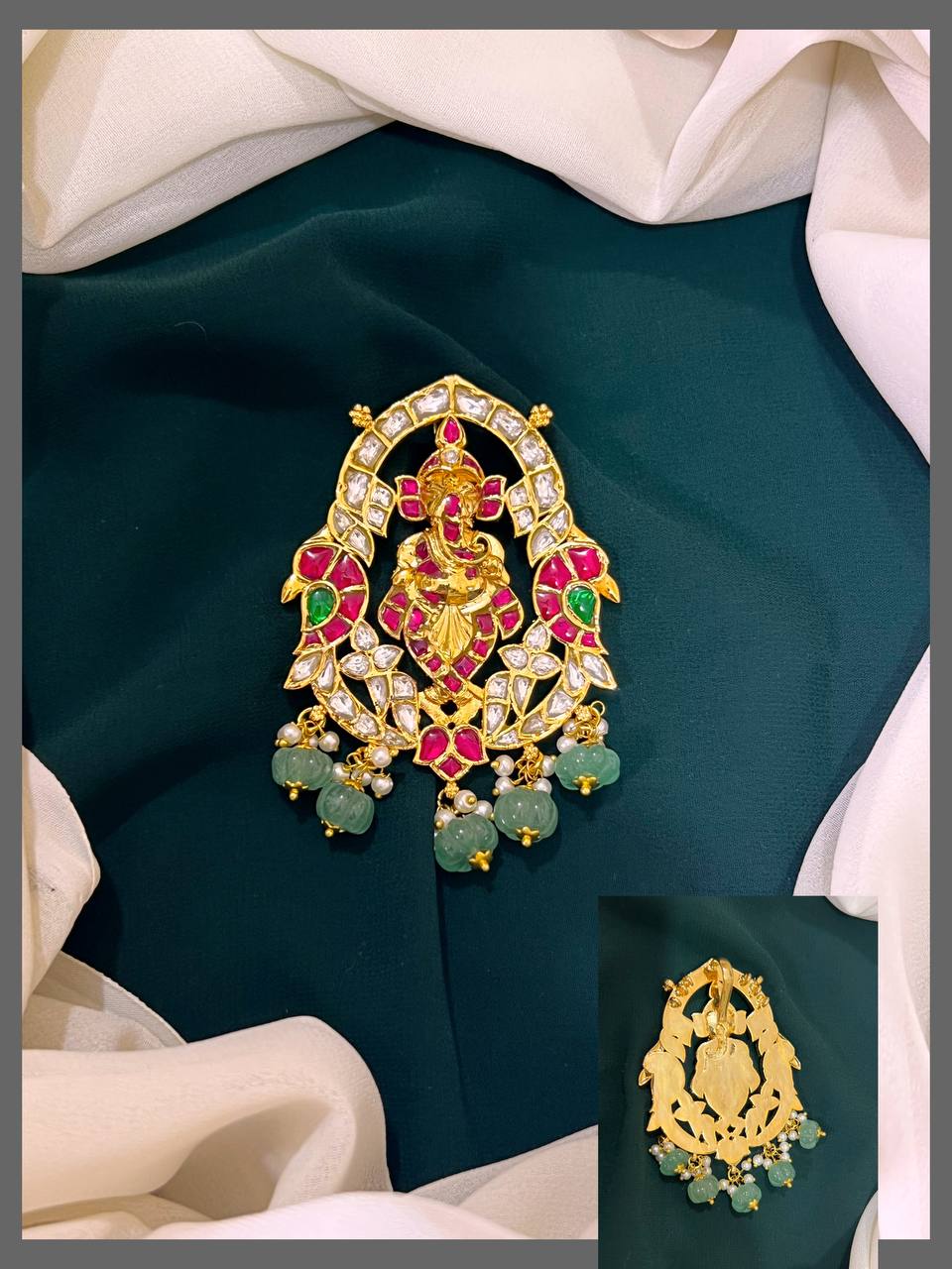 Ganesha and Peacock Kundan Pendent With Pearls - KP0049