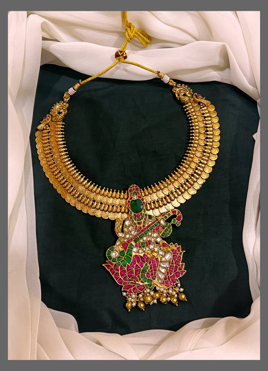 Double Layer Lakshmi Kasu Necklace With Sarawati Pendent - KN00519