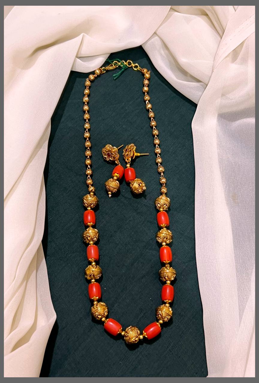 Coral and Gold Beads Haram - PB00288