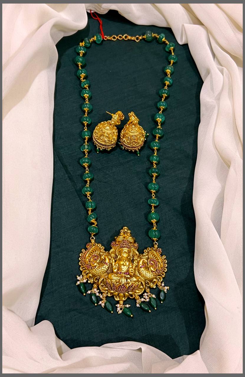 Green Bead Haram With Lakshmi and Peacock Pendant - PB00311