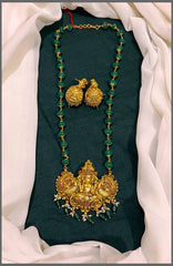 Green Bead Haram With Lakshmi and Peacock Pendant - PB00311