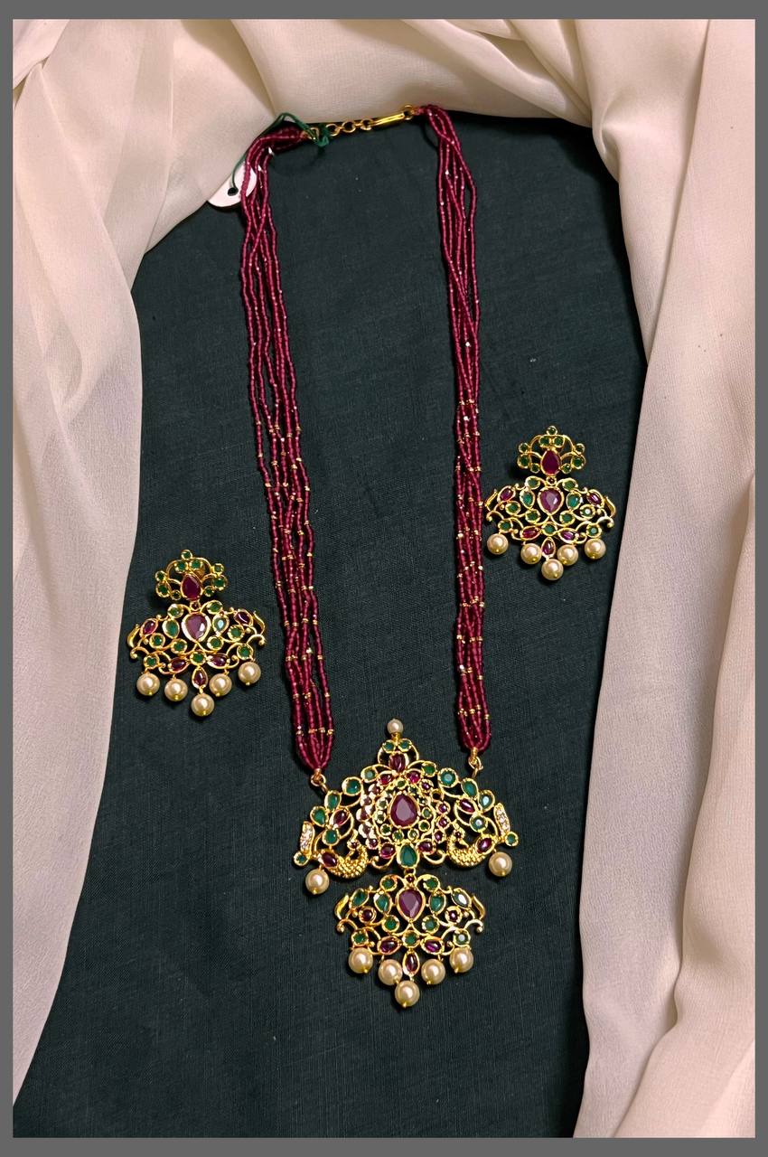 5 Layer Marron Pearl with Peacock Pendant - PB00385