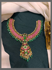 Ruby Stone and Emerlad Pearl with Beautiful Flower Pendant in Kundan - KH00325