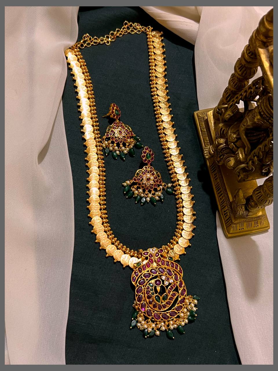 Lakshmi Kaasu Haram With Kempu Peacock Pendant In Nakshi - NH00337
