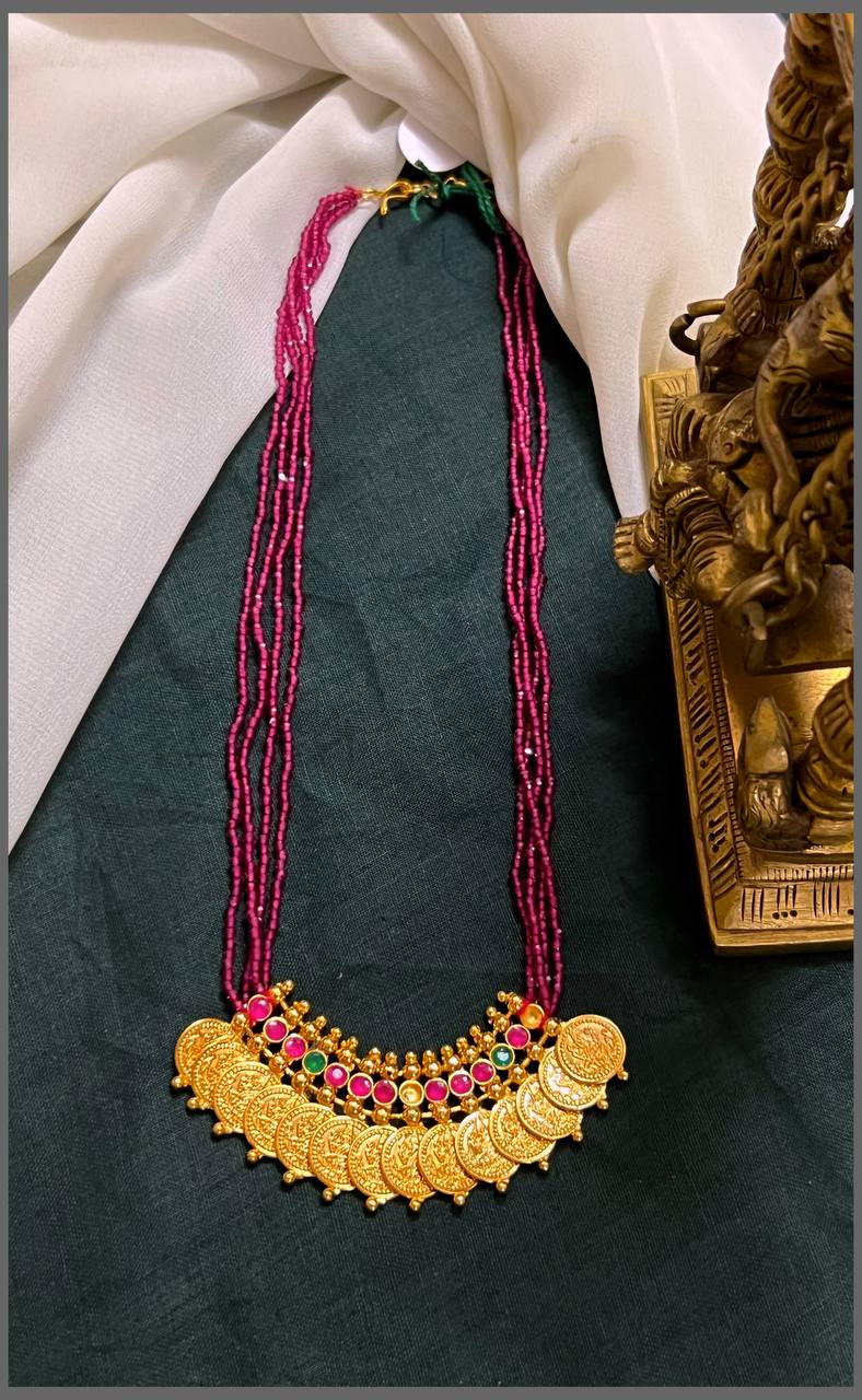 4 layer Pink Pearl with Kaasu Multi colour Pendant Haram - PB00461