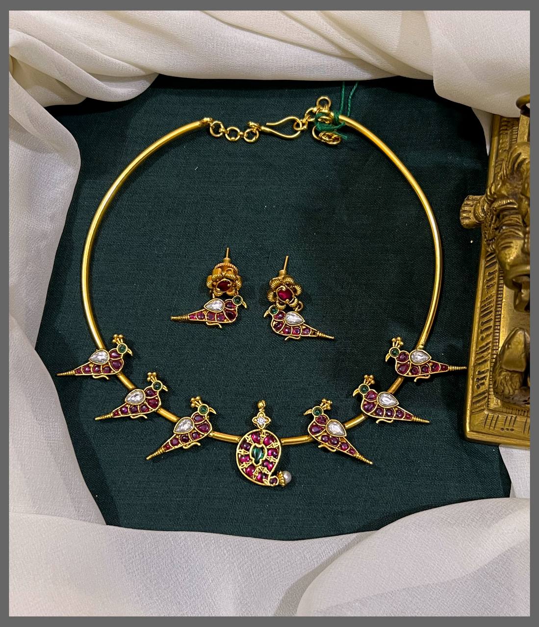 Parrot and Mango Kante Set With Earrings - NN00712