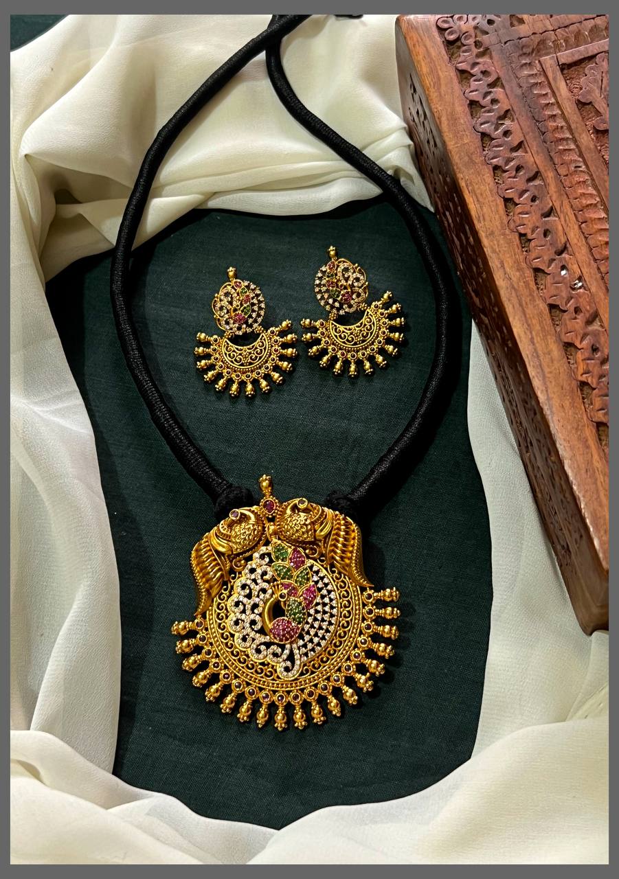 Multi Colour Peacock Kundan Pendant in Black dori - BD00116
