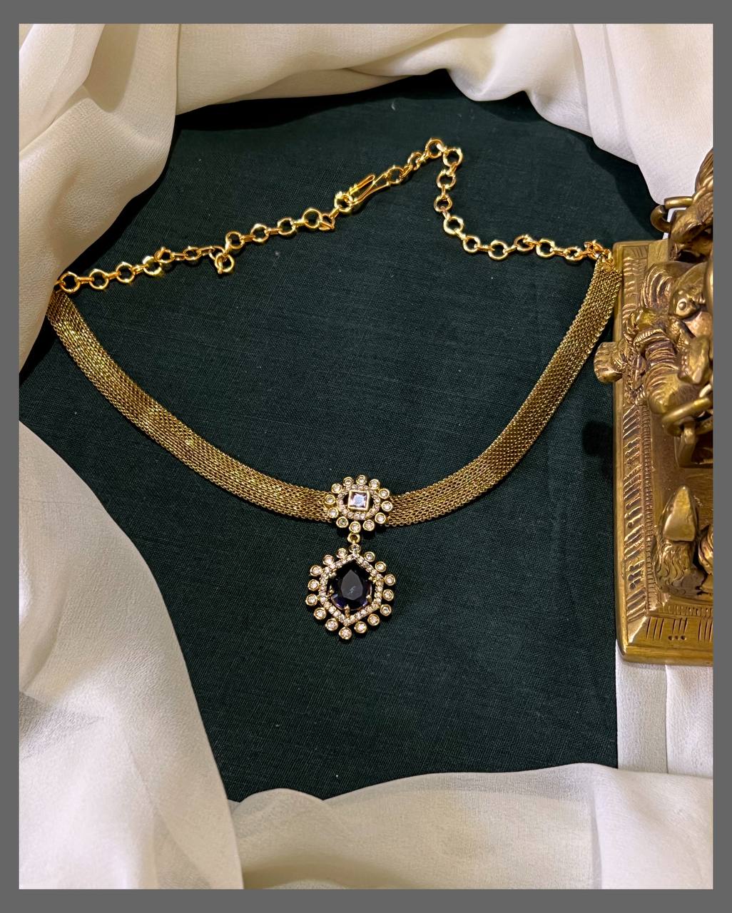 Beautiful White Stone Victorian Pendant in Nakshi Necklace - NN00740