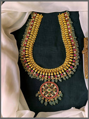 Beautiful Flower Multi Pendant with White and Ruby Stone Haram in Kundan - KH00337