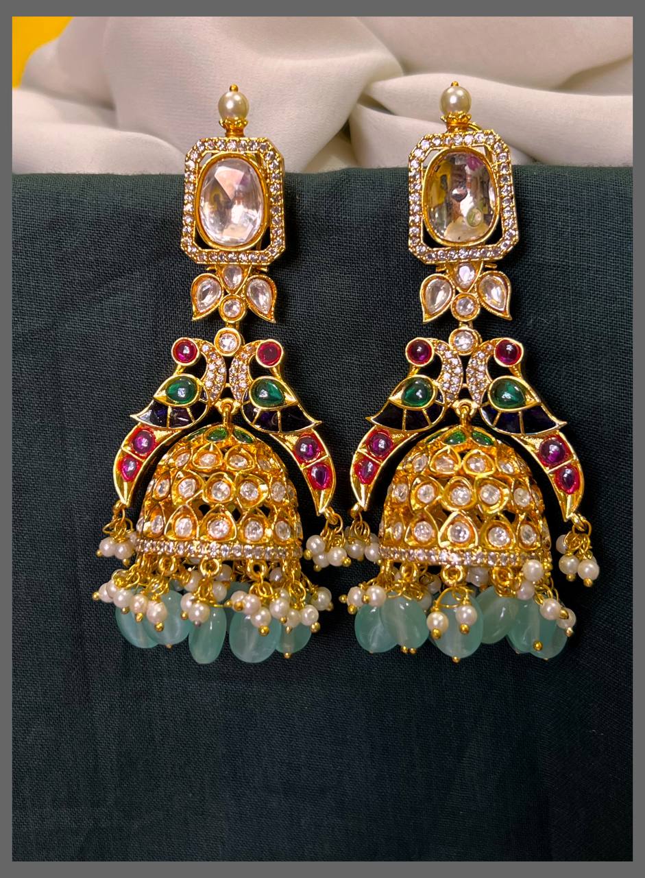 White Stone with Peacock Jhumki Earring in Kundan - KE00552