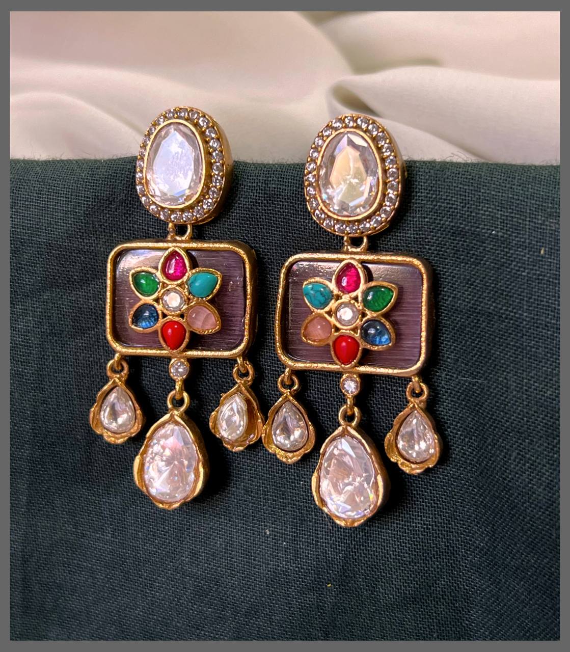 White Stone Stud with Multi colour Flower Hungging Earring in Kundan -KE00554