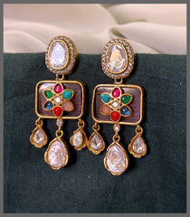 White Stone Stud with Multi colour Flower Hungging Earring in Kundan -KE00554