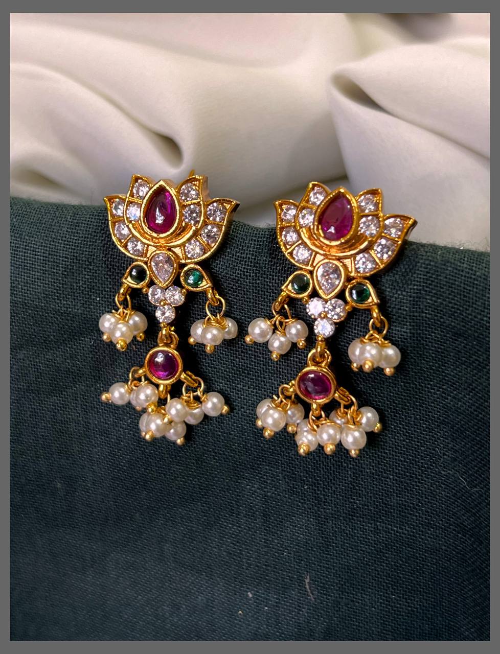 White Stone Lotus Hugging Earring in Nakshi - NE00618