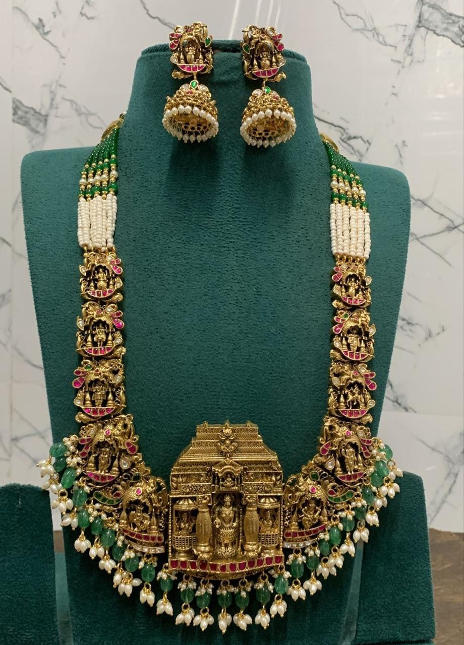 Antique Polish Jadau Lakshmi Haram With beads - PB00575