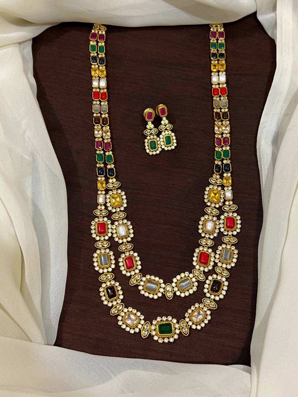 Beautiful Silver Replica Navaratna and Ruby 2 Line Haram - NH00472