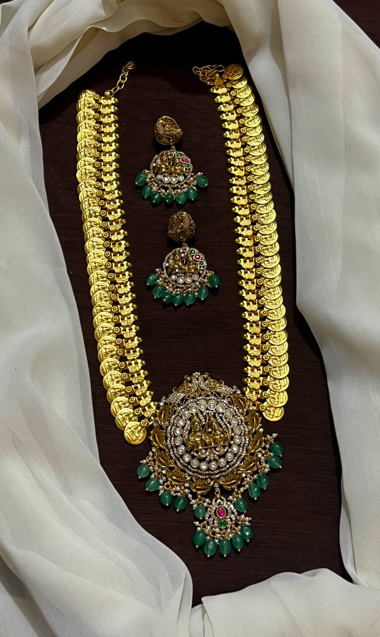 Shiva Parvathi Mozonite Kundan Pendant with Kaasu Haram - KH00210