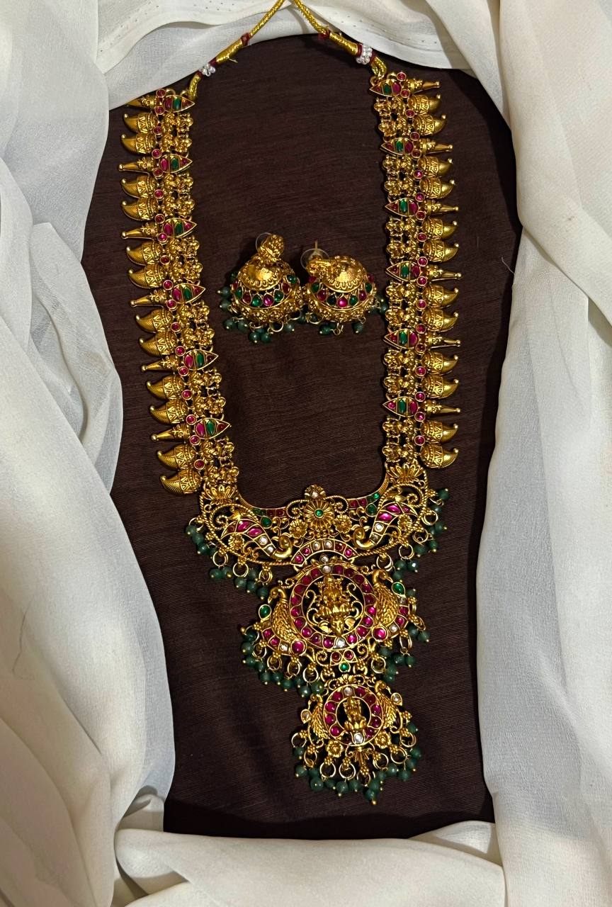 Antique Mid Length Lakshmi Haram With 3 step Pendant - NH00271
