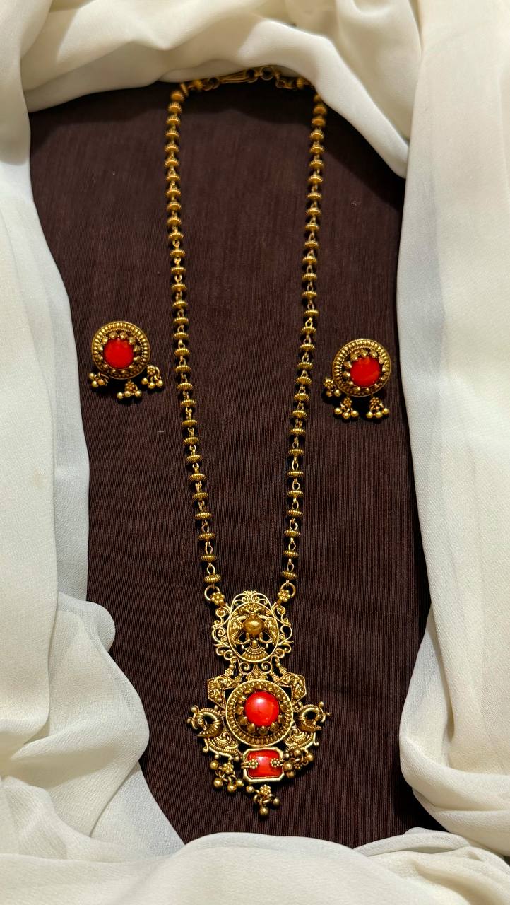 Coral Mid length Haram With Earrings - NH00520